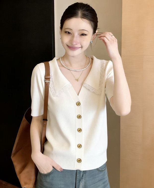 蕾絲花邊翻領短袖休閑T恤女夏季大碼胖mm顯瘦高級感短款開衫上衣