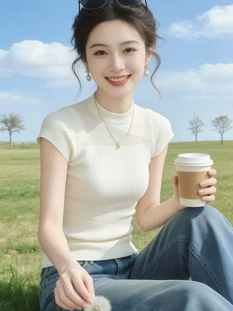 韓版高級感洋氣氣質修身顯瘦百搭短袖圓領冰絲針織衫T恤上衣女夏