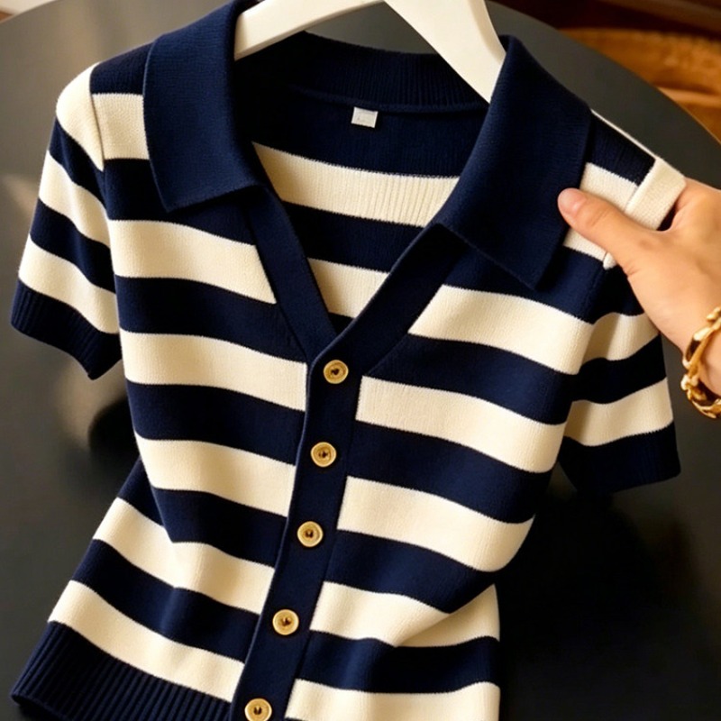 2026夏季新款條紋翻領短袖t恤女裝輕奢小眾時髦小衫氣質顯瘦上衣