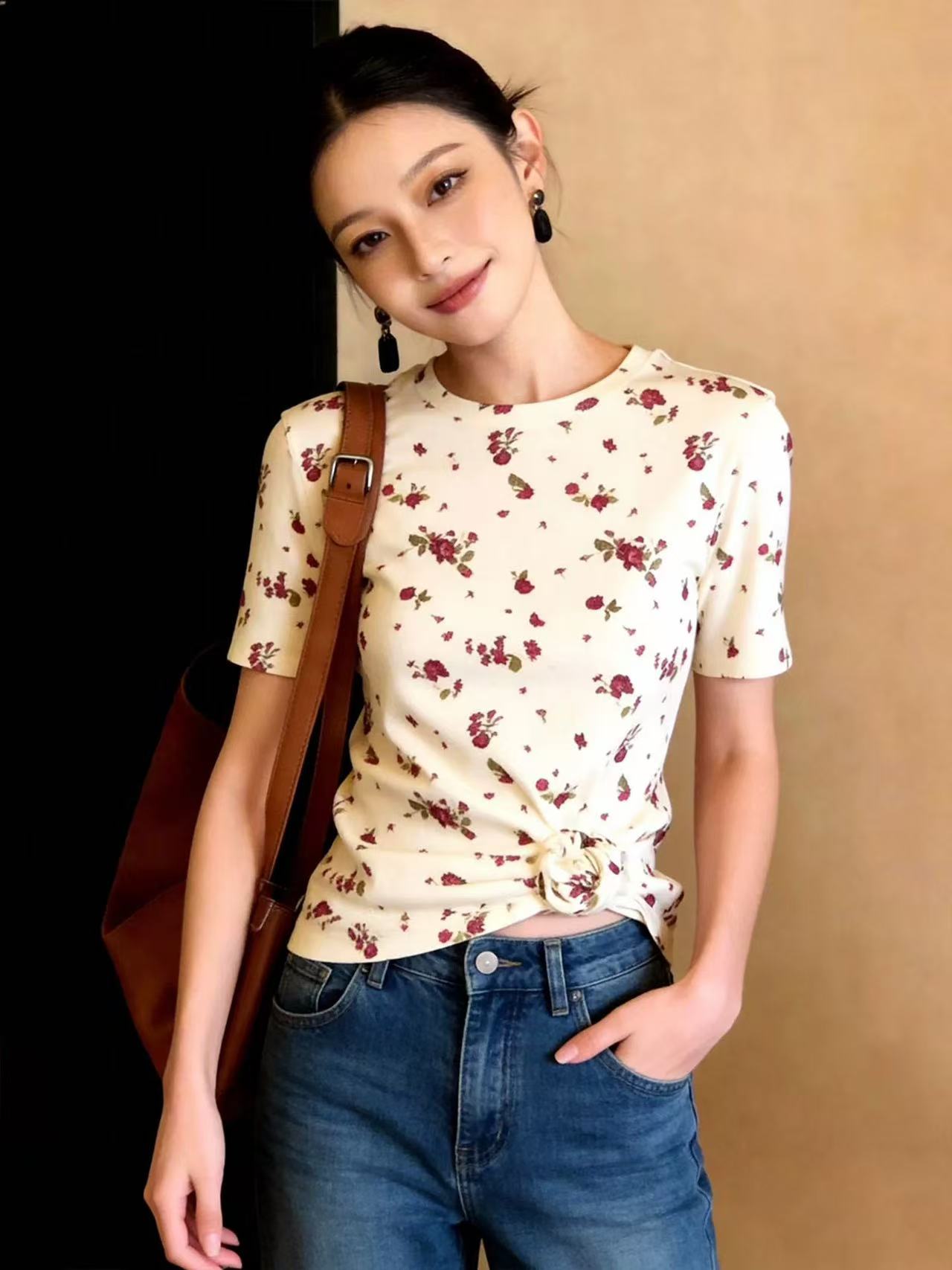 韓系復古碎花短袖T恤女夏季修身顯瘦圓領百搭上衣小個子短款小衫