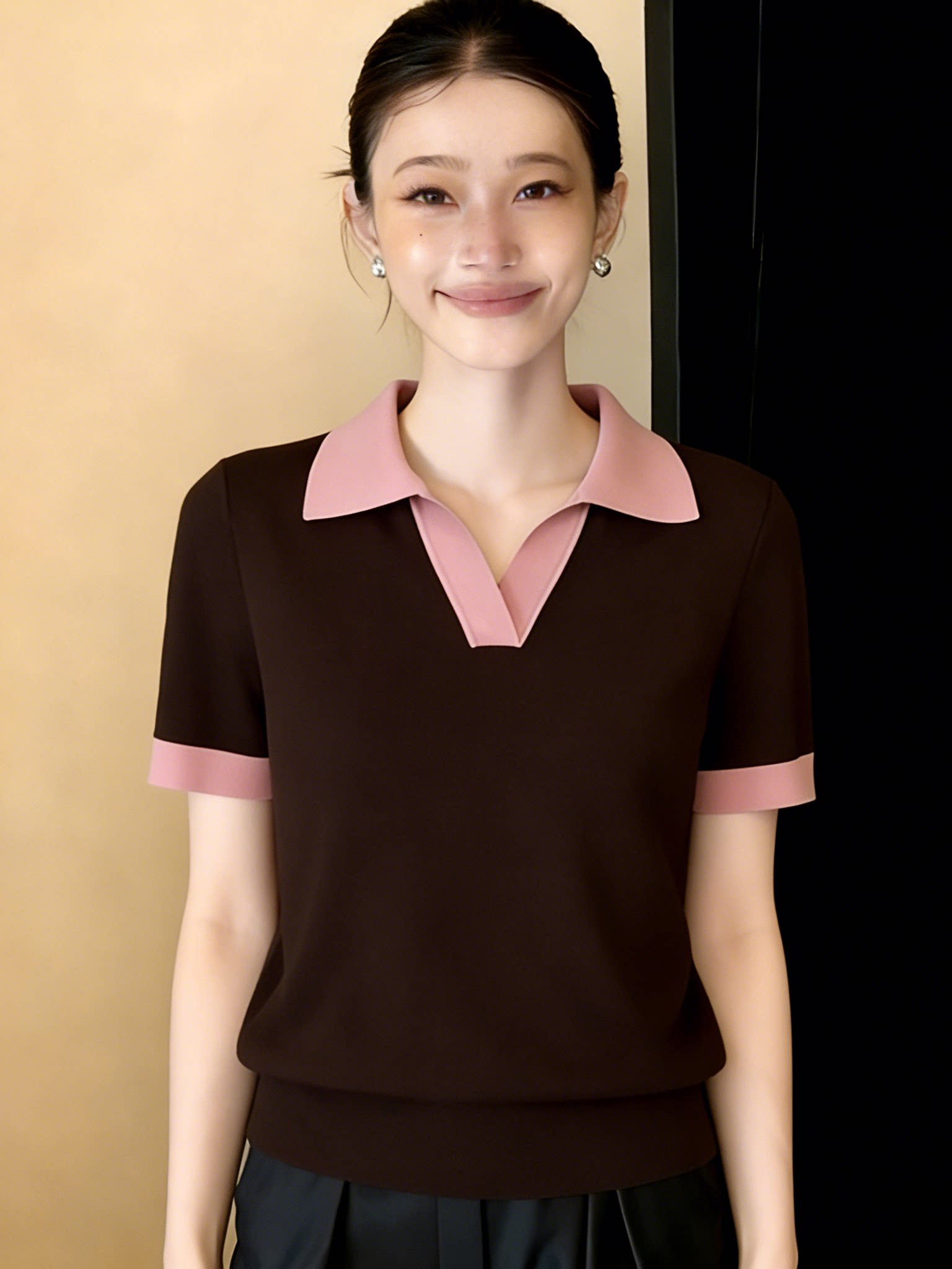 短袖針織T恤女2026夏季新款韓版寬松V領設計感洋氣減齡拼色上衣潮