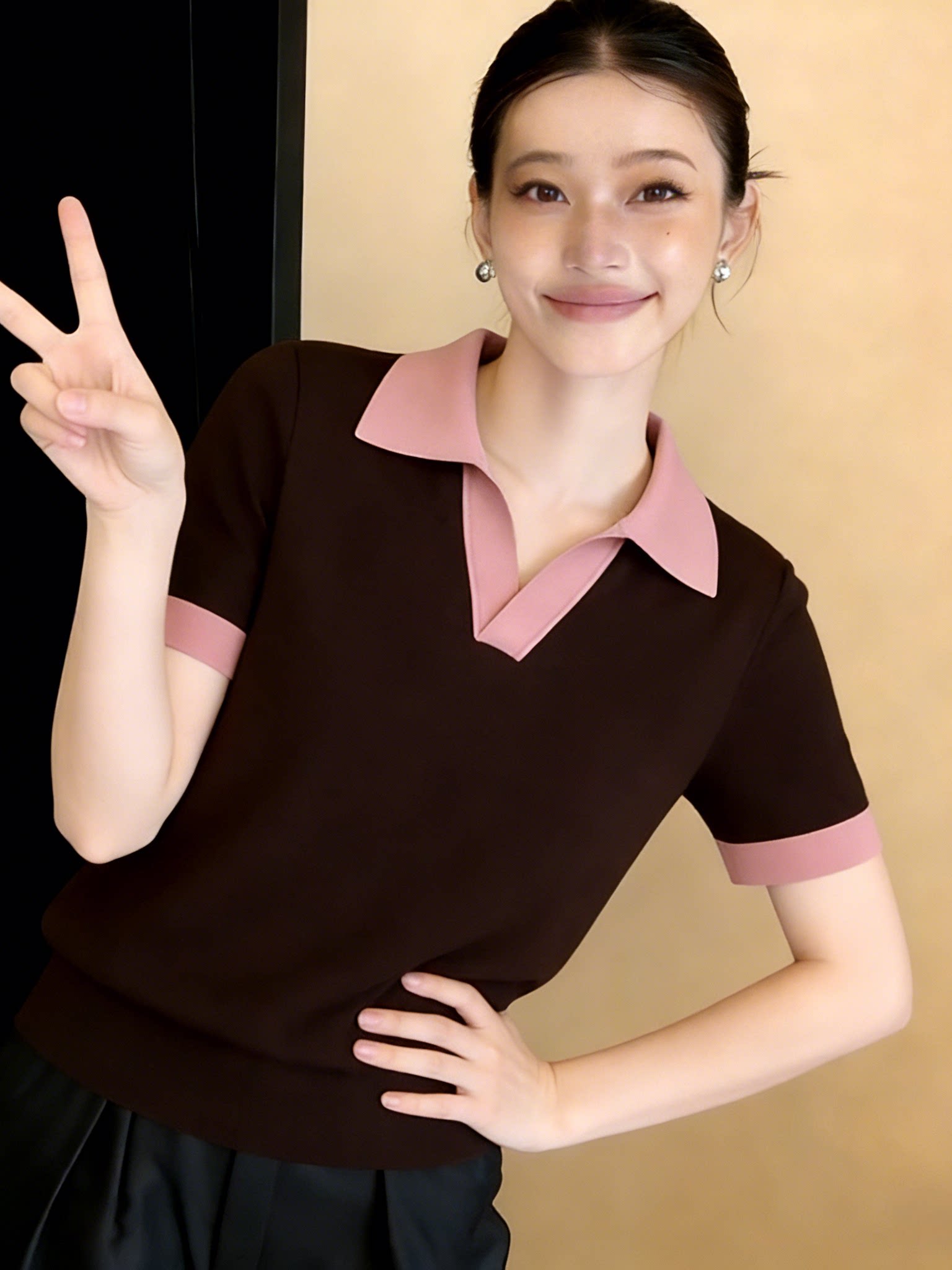 短袖針織T恤女2026夏季新款韓版寬松V領設計感洋氣減齡拼色上衣潮