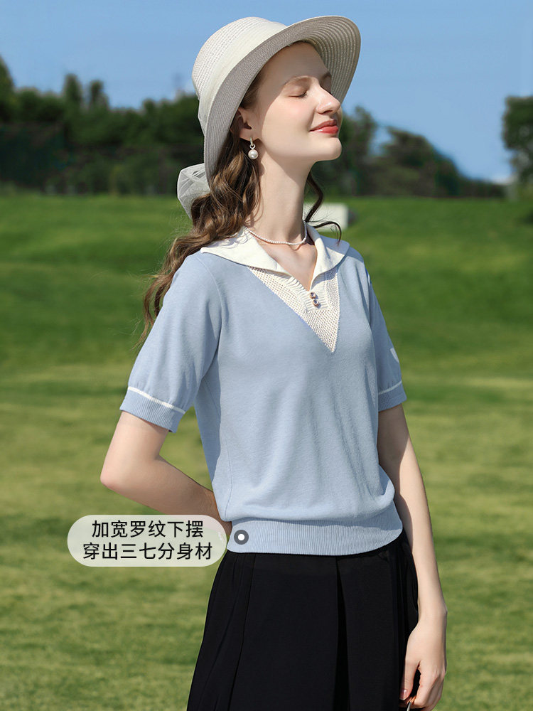 設計感簡約通勤2026夏季法式撞色拼接套頭上衣時髦氣質短袖打底衫