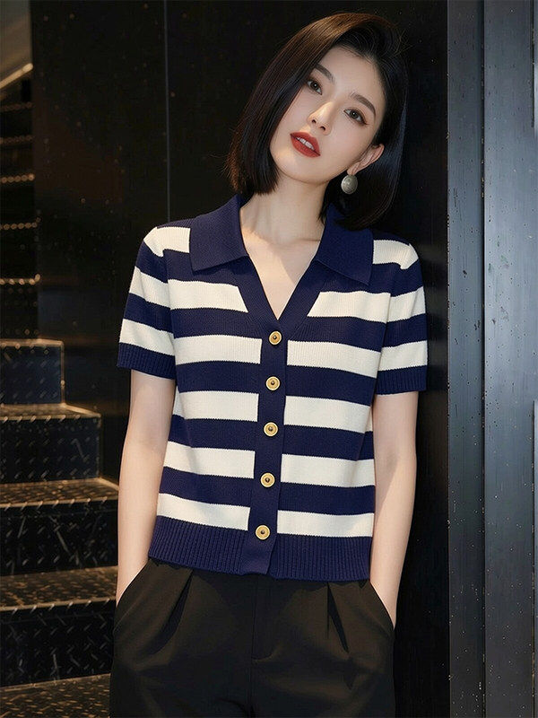 設計感條紋V領針織短袖女夏2026新款獨特漂亮薄款針織衫修身上衣