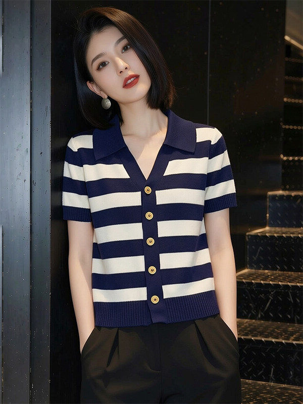 設計感條紋V領針織短袖女夏2026新款獨特漂亮薄款針織衫修身上衣