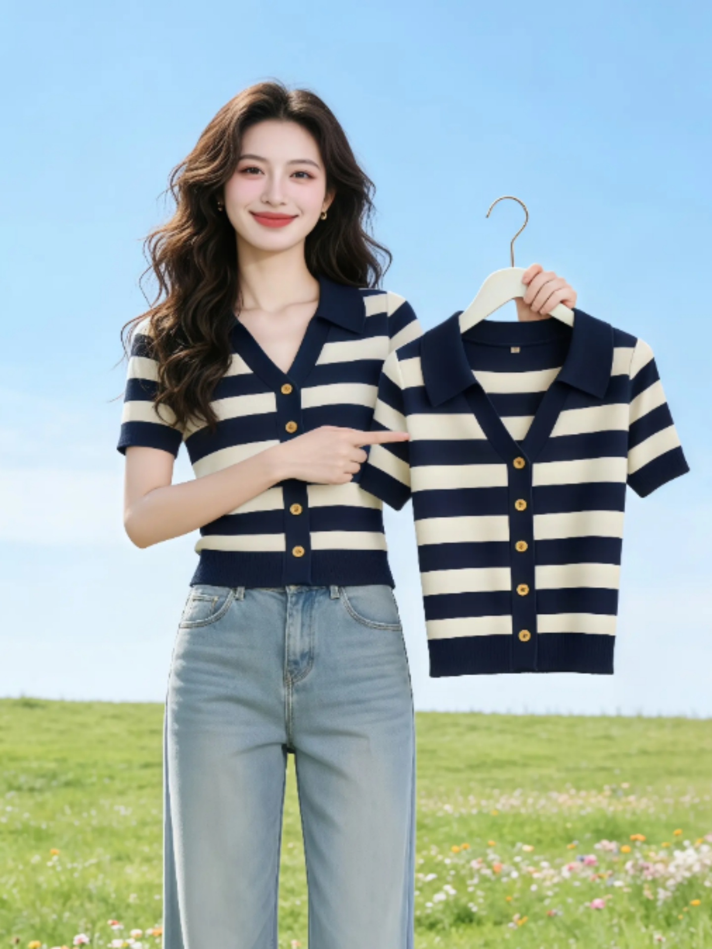 輕奢小眾條紋翻領短袖t恤女2026夏季新款時髦小衫氣質顯瘦上衣女
