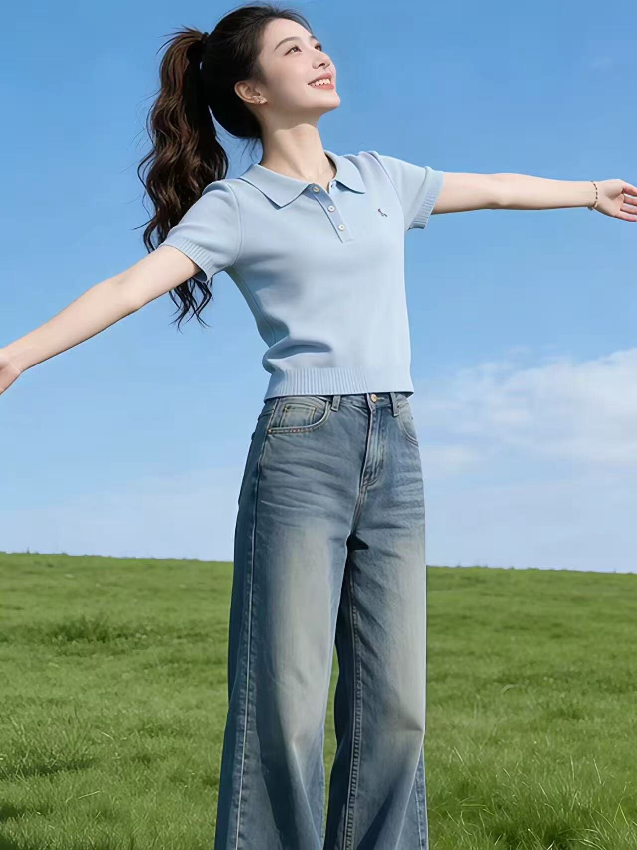 休閑好看淺藍色polo領針織刺繡短袖T恤女夏季多巴胺穿搭氣質上衣
