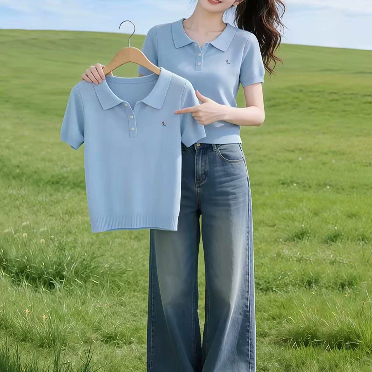 休閑好看淺藍色polo領針織刺繡短袖T恤女夏季多巴胺穿搭氣質上衣