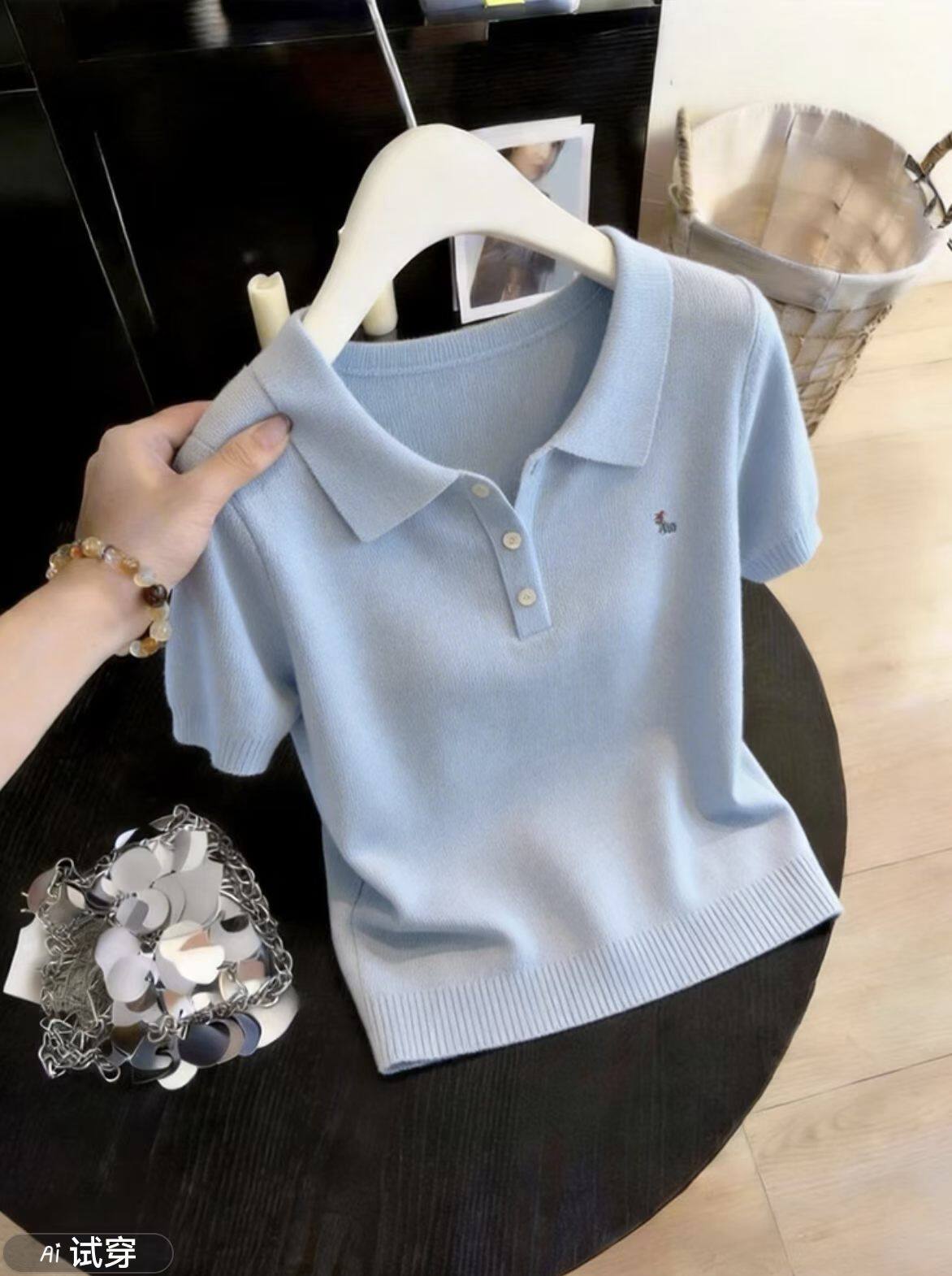 休閑好看淺藍色polo領針織刺繡短袖T恤女夏季多巴胺穿搭氣質上衣