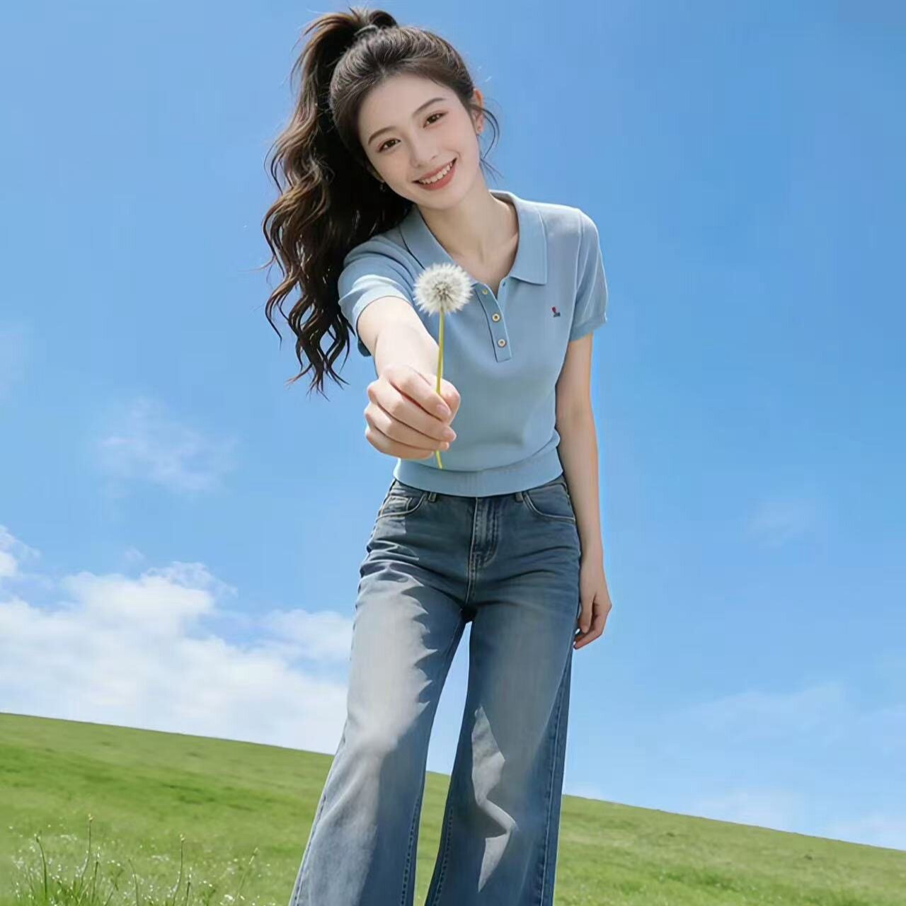 休閑好看淺藍色polo領針織刺繡短袖T恤女夏季多巴胺穿搭氣質上衣