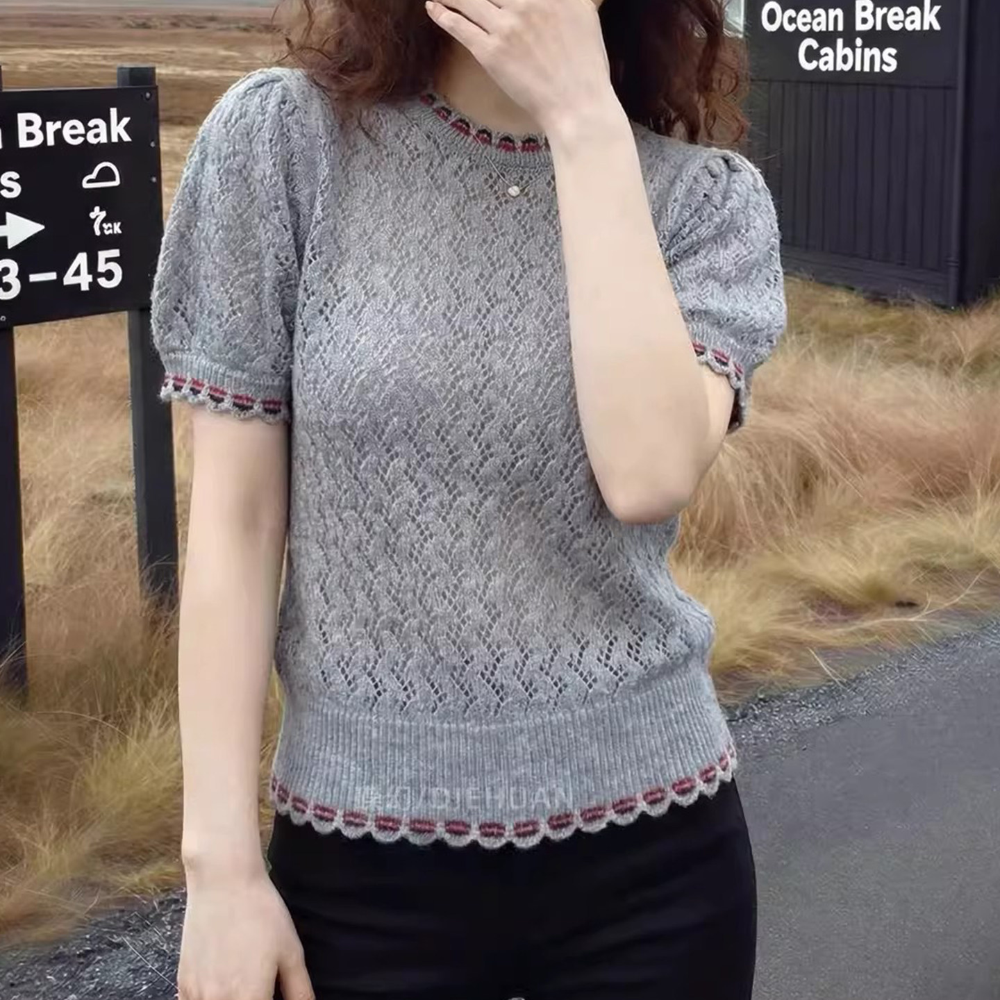 高級灰色鏤空微透好看針織衫短袖T恤女2026春夏新款透氣顯瘦上衣
