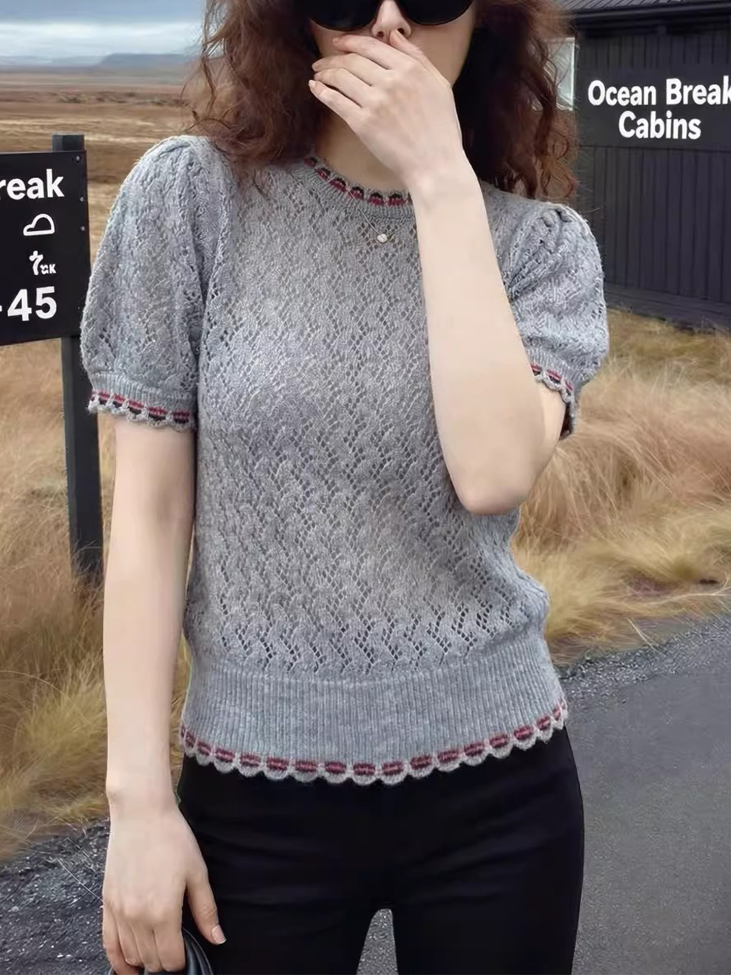 高級灰色鏤空微透好看針織衫短袖T恤女2026春夏新款透氣顯瘦上衣