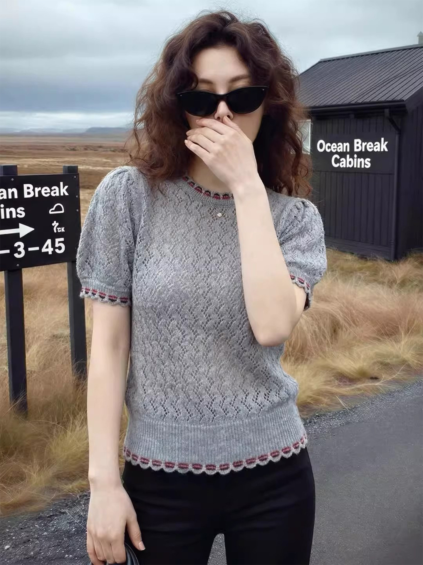 高級灰色鏤空微透好看針織衫短袖T恤女2026春夏新款透氣顯瘦上衣