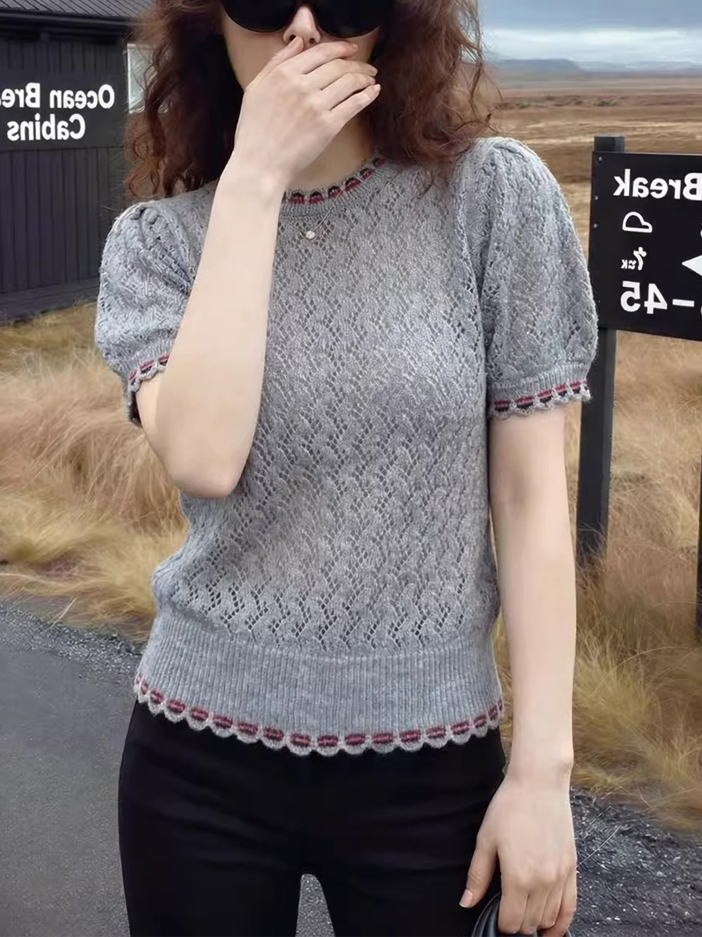 高級灰色鏤空微透好看針織衫短袖T恤女2026春夏新款透氣顯瘦上衣