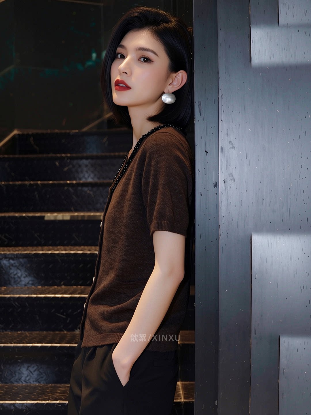 2026夏季新款潮咖啡色短袖針織衫女釘珠裝飾百搭顯瘦通勤上衣開衫