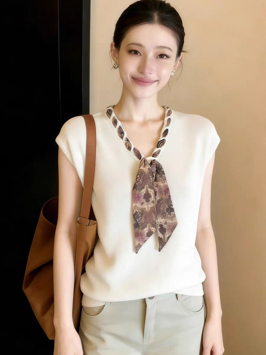 設計感絲帶V領針織短袖女裝夏季2026新款獨特漂亮薄款針織衫上衣