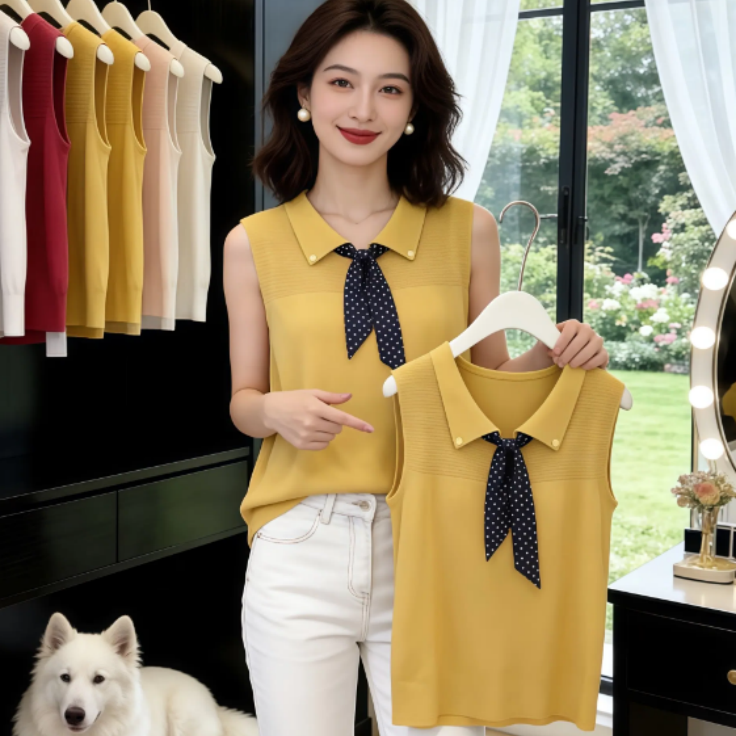 設計感波點絲巾Polo領針織背心女夏季溫柔風顯白黃色寬松顯瘦上衣