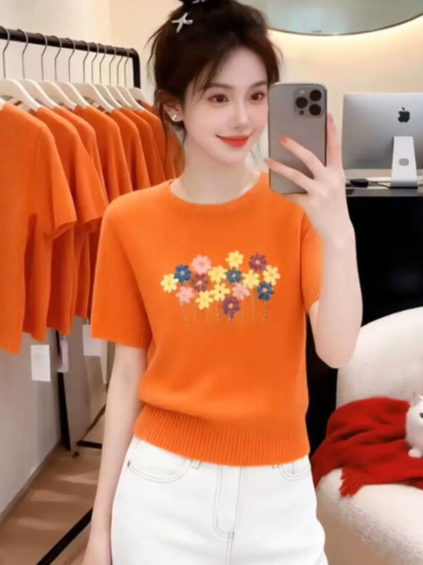 設計感刺繡花朵圓領短袖針織衫女2026新款夏季收腰顯瘦短款上衣女