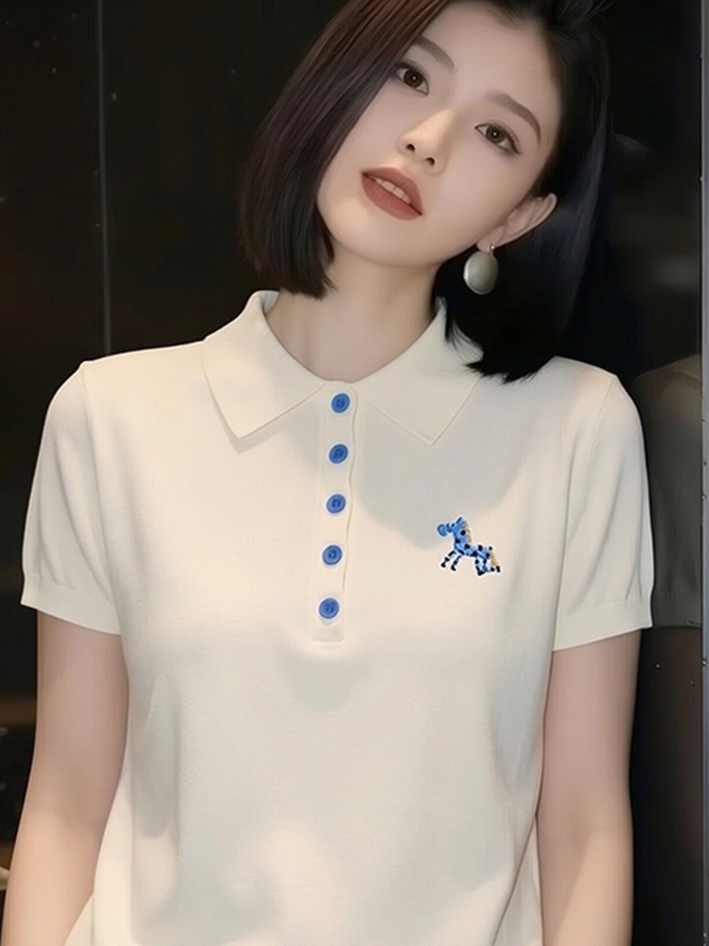 夏季新款法式小馬刺繡polo針織衫女減齡洋氣翻領短袖氣質百搭上衣