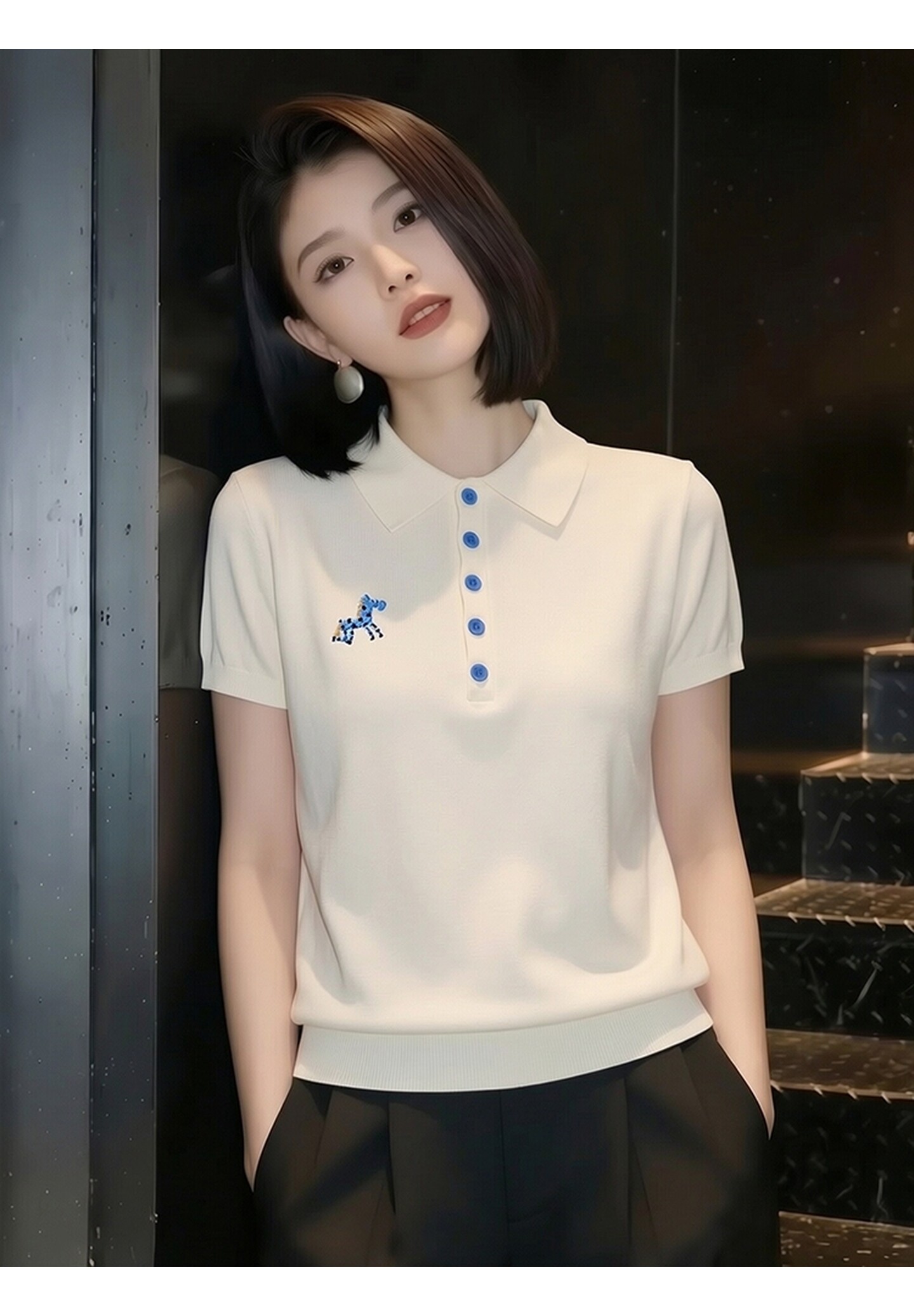 夏季新款法式小馬刺繡polo針織衫女減齡洋氣翻領短袖氣質百搭上衣