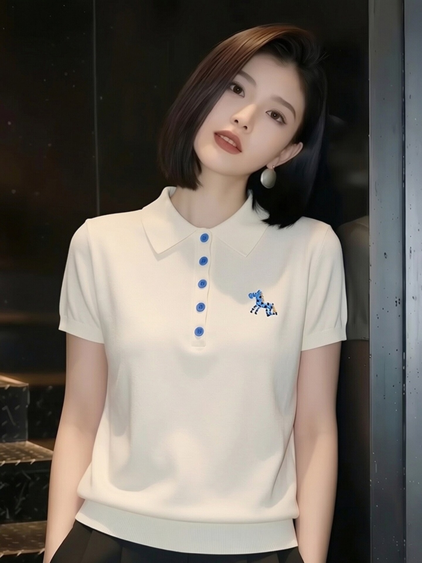 夏季新款法式小馬刺繡polo針織衫女減齡洋氣翻領短袖氣質百搭上衣