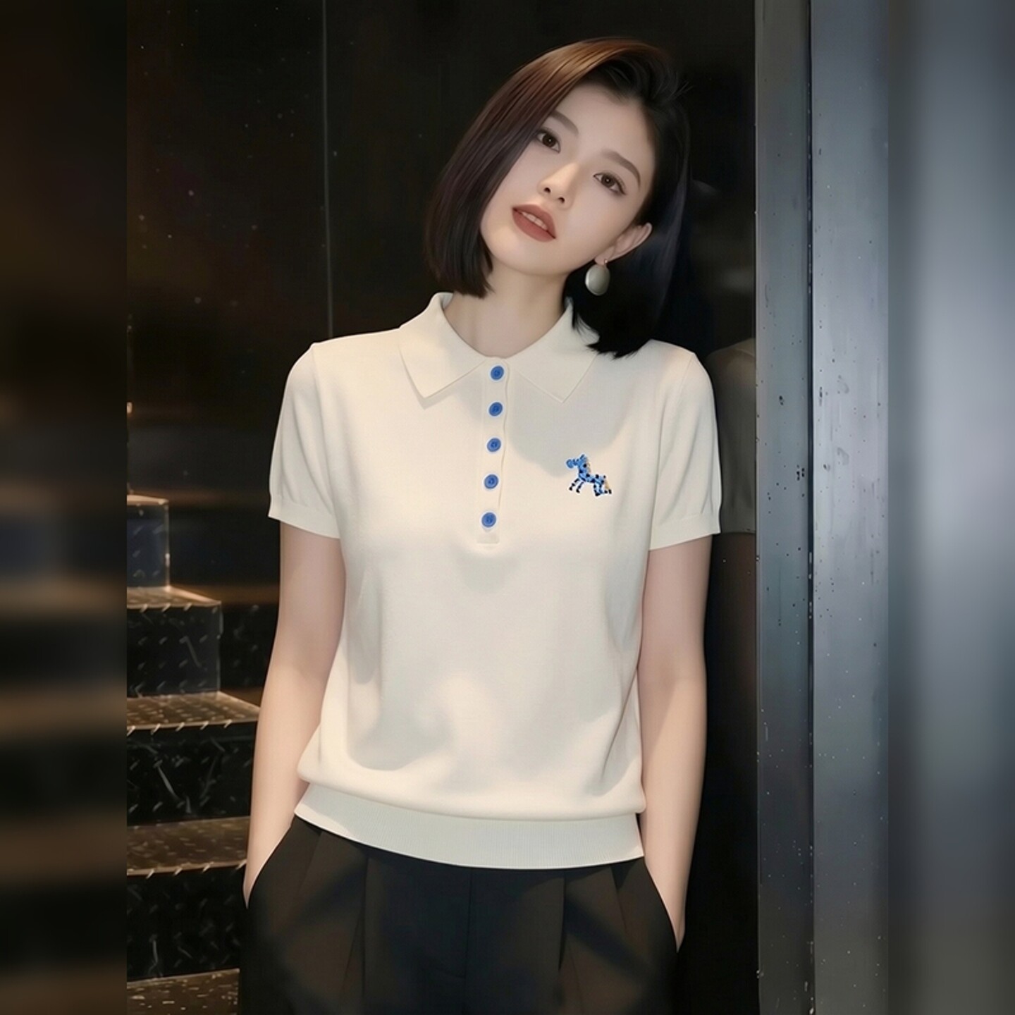 夏季新款法式小馬刺繡polo針織衫女減齡洋氣翻領短袖氣質百搭上衣
