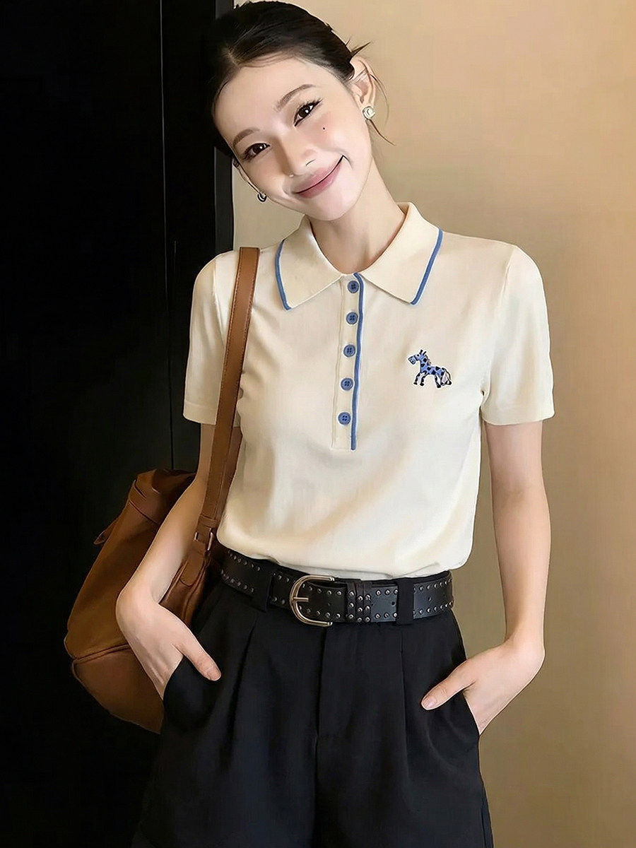 韓版POLO領小馬刺繡短袖針織衫女夏寬松設計感小眾高級感休閑上衣