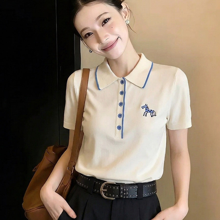 韓版POLO領小馬刺繡短袖針織衫女夏寬松設計感小眾高級感休閑上衣