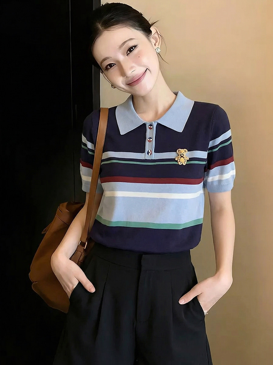 小熊刺繡撞色條紋翻領針織短袖女夏季新款設計感小眾寬松時尚上衣
