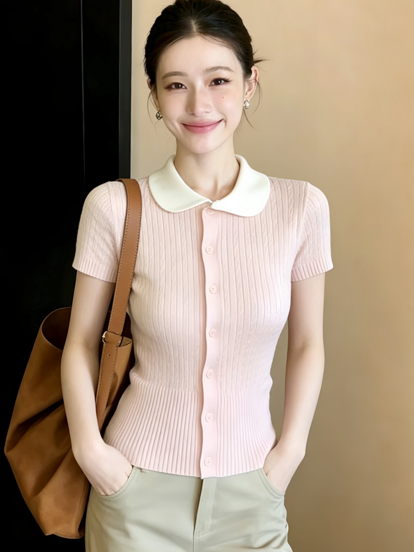 粉色polo領短袖針織開衫女裝春裝2026新款夏季設計感獨特漂亮上衣