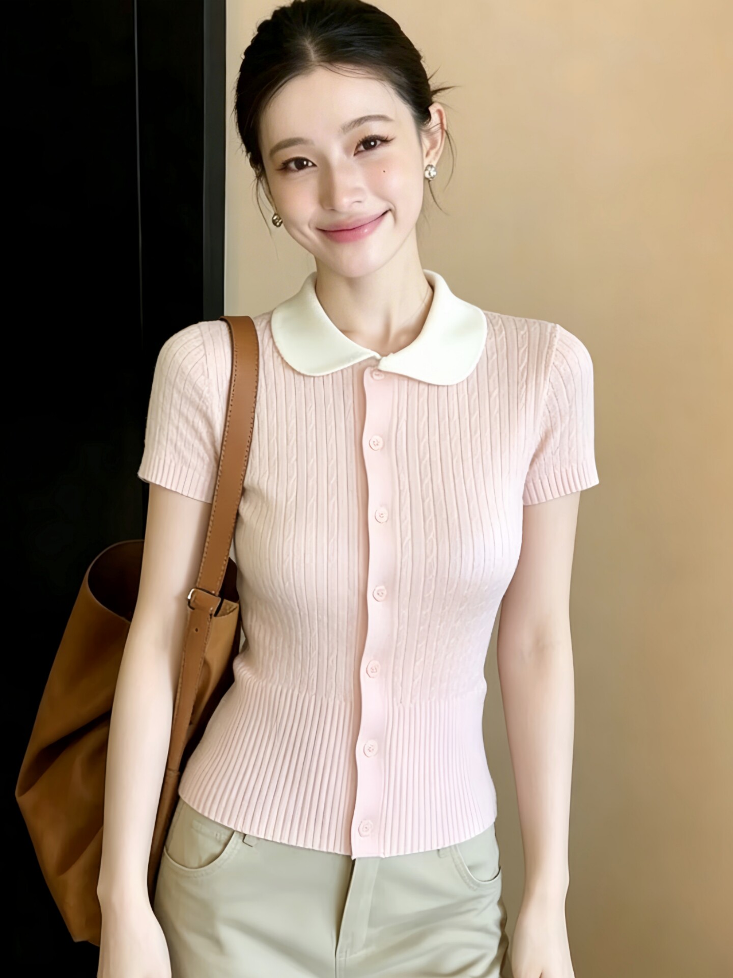 粉色polo領短袖針織開衫女裝春裝2026新款夏季設計感獨特漂亮上衣