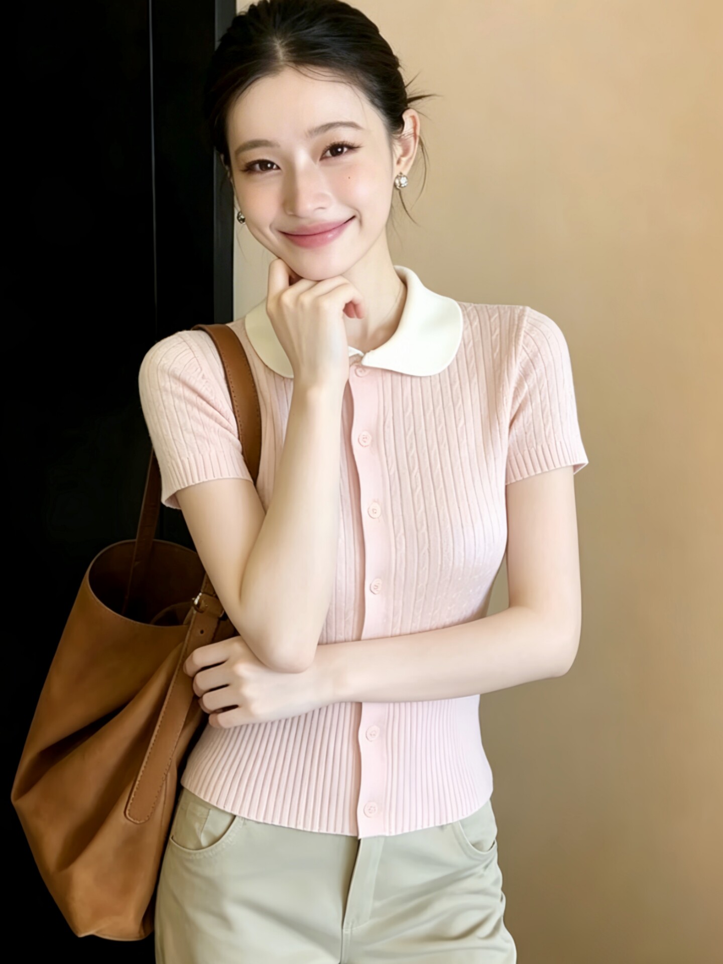 粉色polo領短袖針織開衫女裝春裝2026新款夏季設計感獨特漂亮上衣