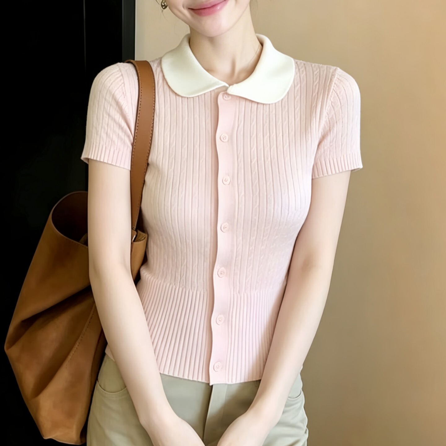 粉色polo領短袖針織開衫女裝春裝2026新款夏季設計感獨特漂亮上衣