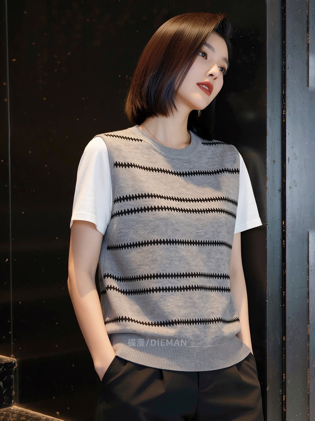 2026夏季新款通勤風撞色條紋假兩件短袖針織衫女大碼寬松休閑上衣