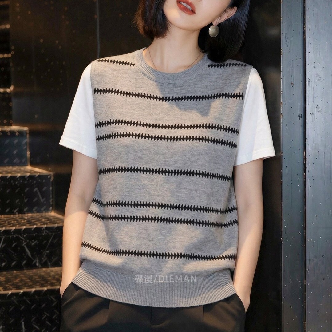 2026夏季新款通勤風撞色條紋假兩件短袖針織衫女大碼寬松休閑上衣