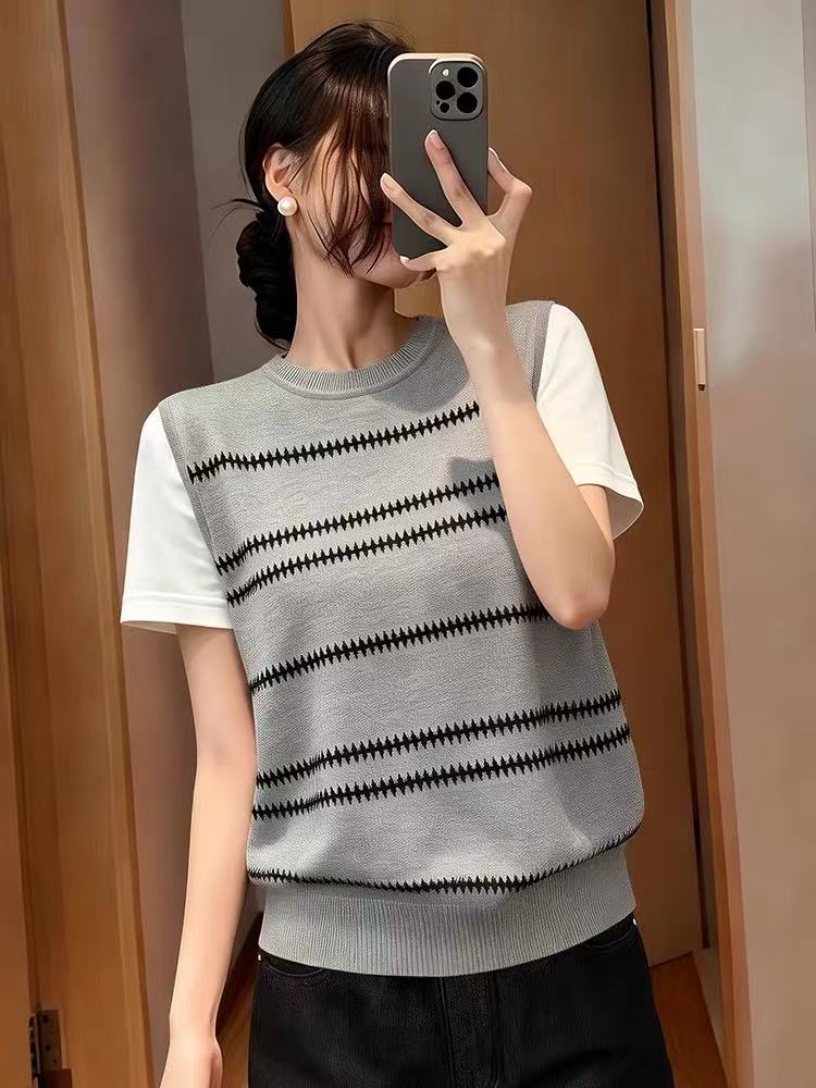 2026夏季新款通勤風撞色條紋假兩件短袖針織衫女大碼寬松休閑上衣