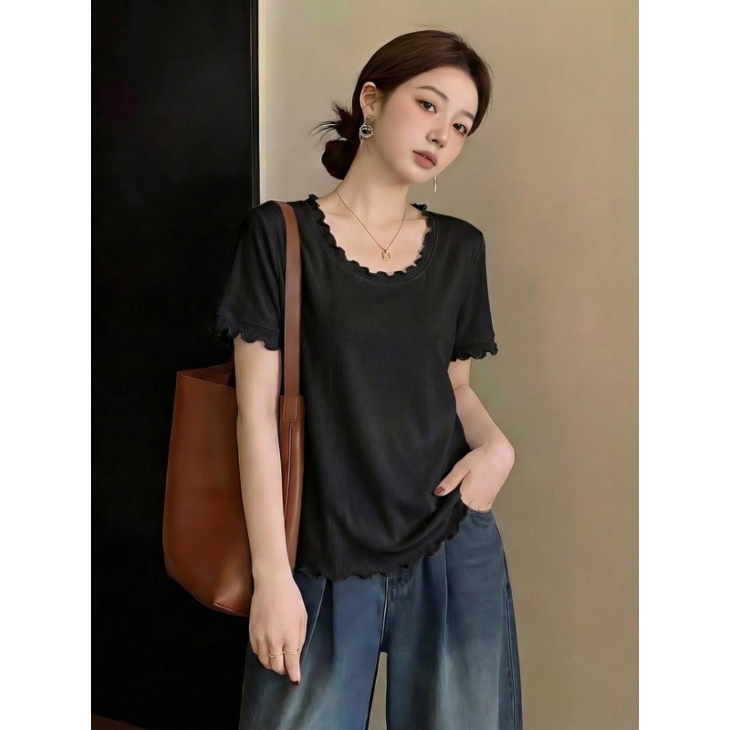 粉色木耳邊短袖T恤女2026新款夏季大碼胖mm顯瘦遮肚正肩小衫上衣