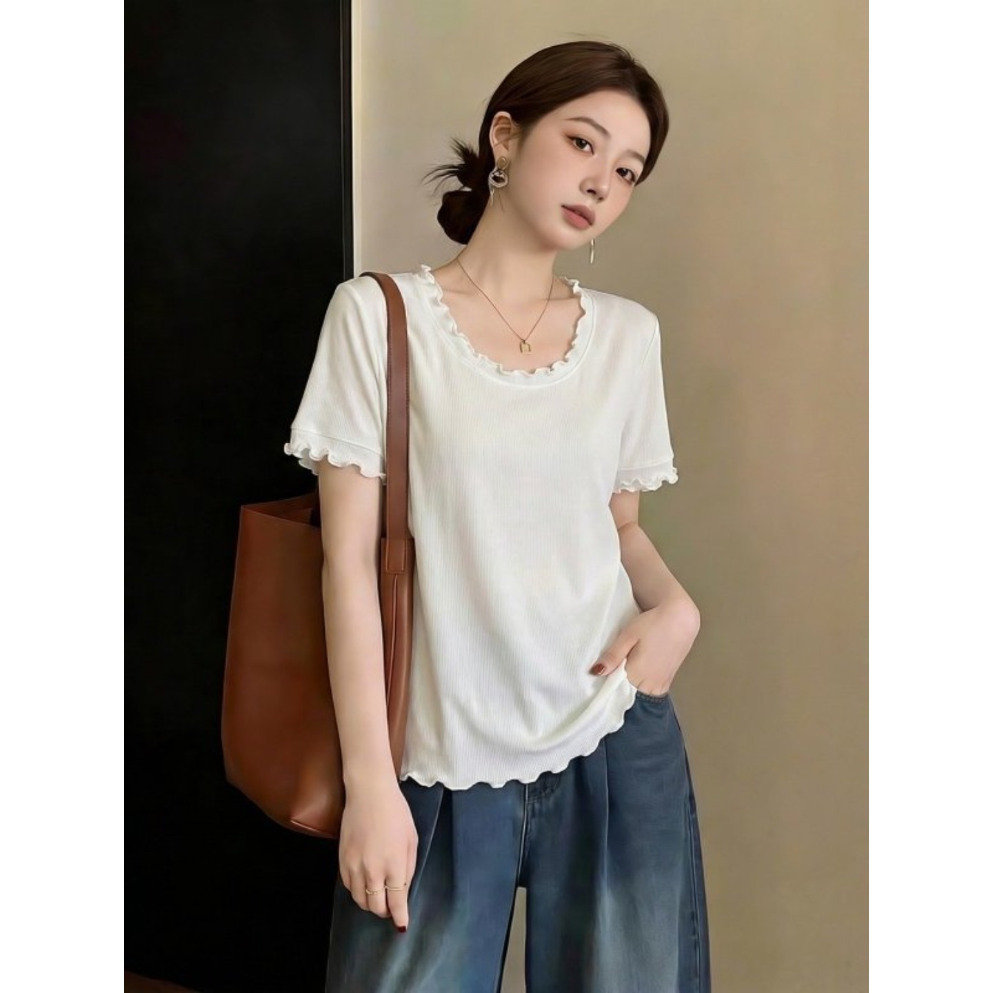粉色木耳邊短袖T恤女2026新款夏季大碼胖mm顯瘦遮肚正肩小衫上衣