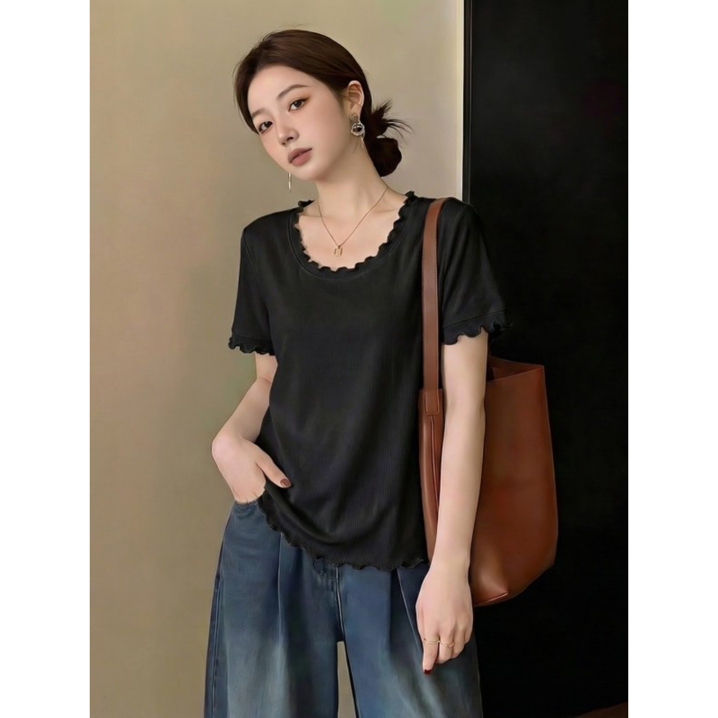 粉色木耳邊短袖T恤女2026新款夏季大碼胖mm顯瘦遮肚正肩小衫上衣