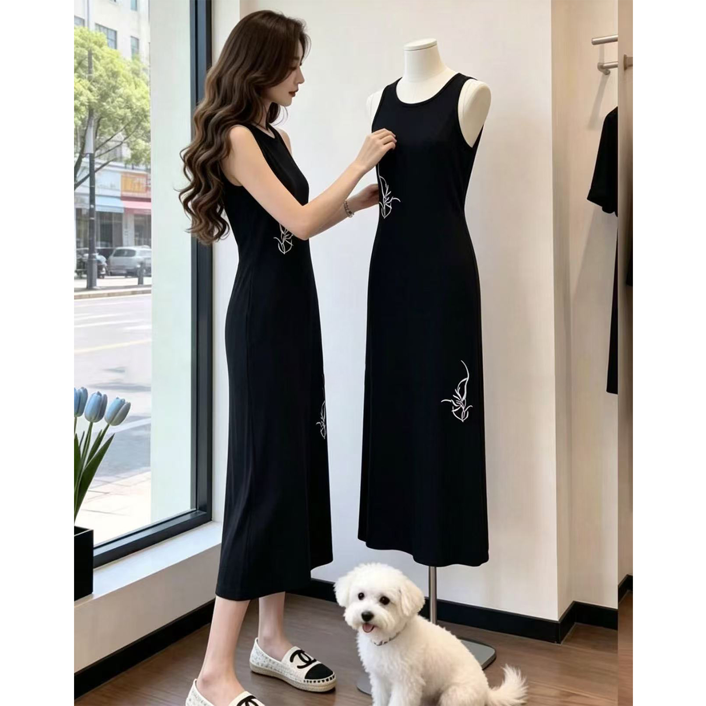 日常新中式刺繡收腰連衣裙女2026夏季新款修身顯瘦露肩氣質長裙子