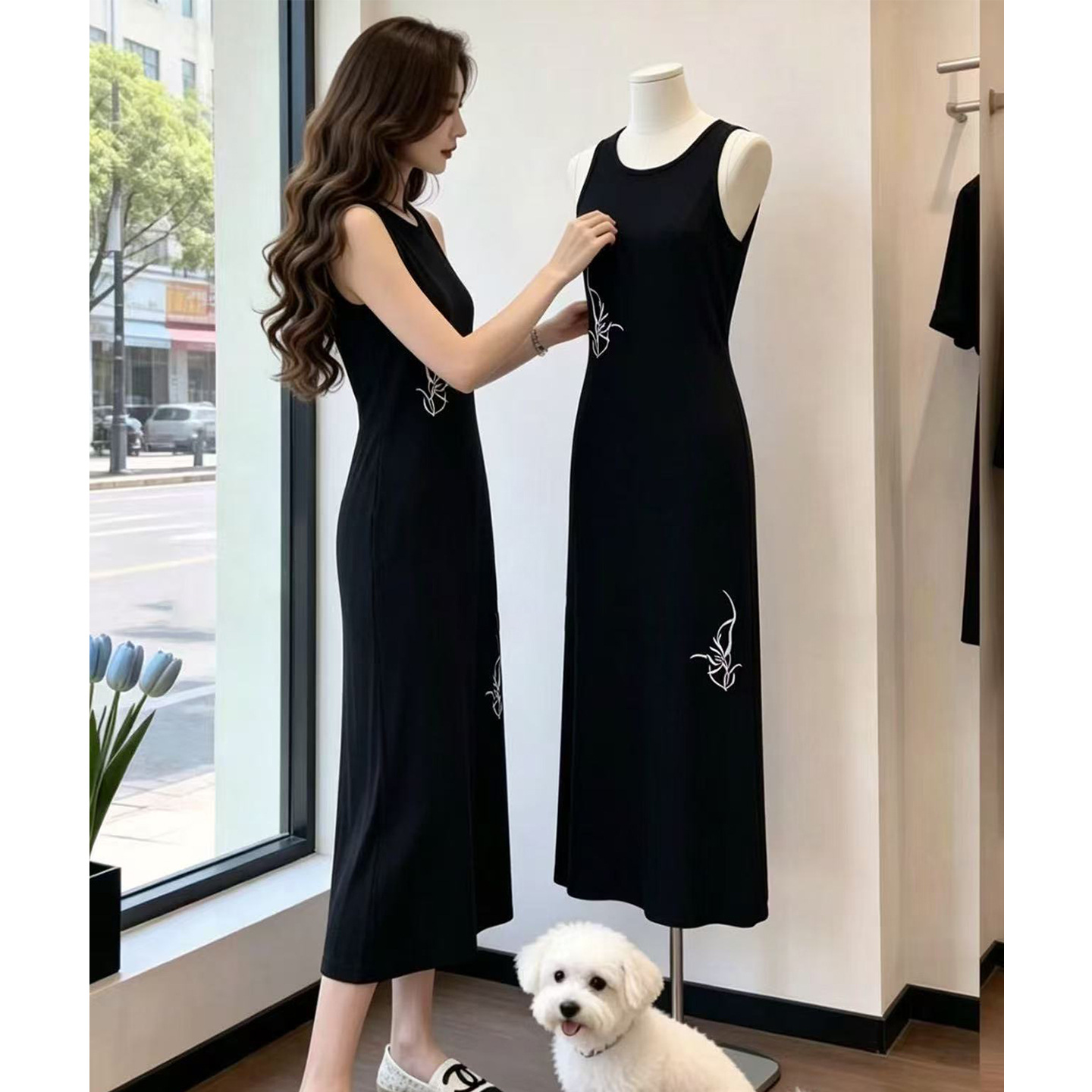 日常新中式刺繡收腰連衣裙女2026夏季新款修身顯瘦露肩氣質長裙子