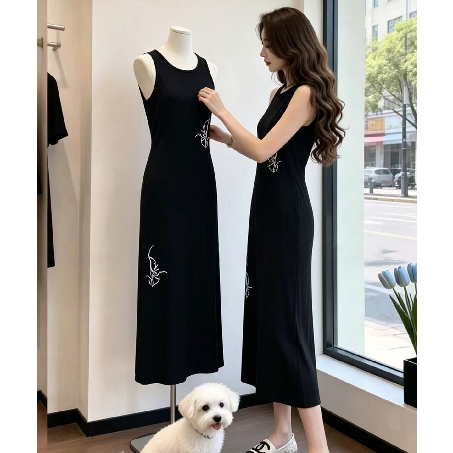 日常新中式刺繡收腰連衣裙女2026夏季新款修身顯瘦露肩氣質長裙子