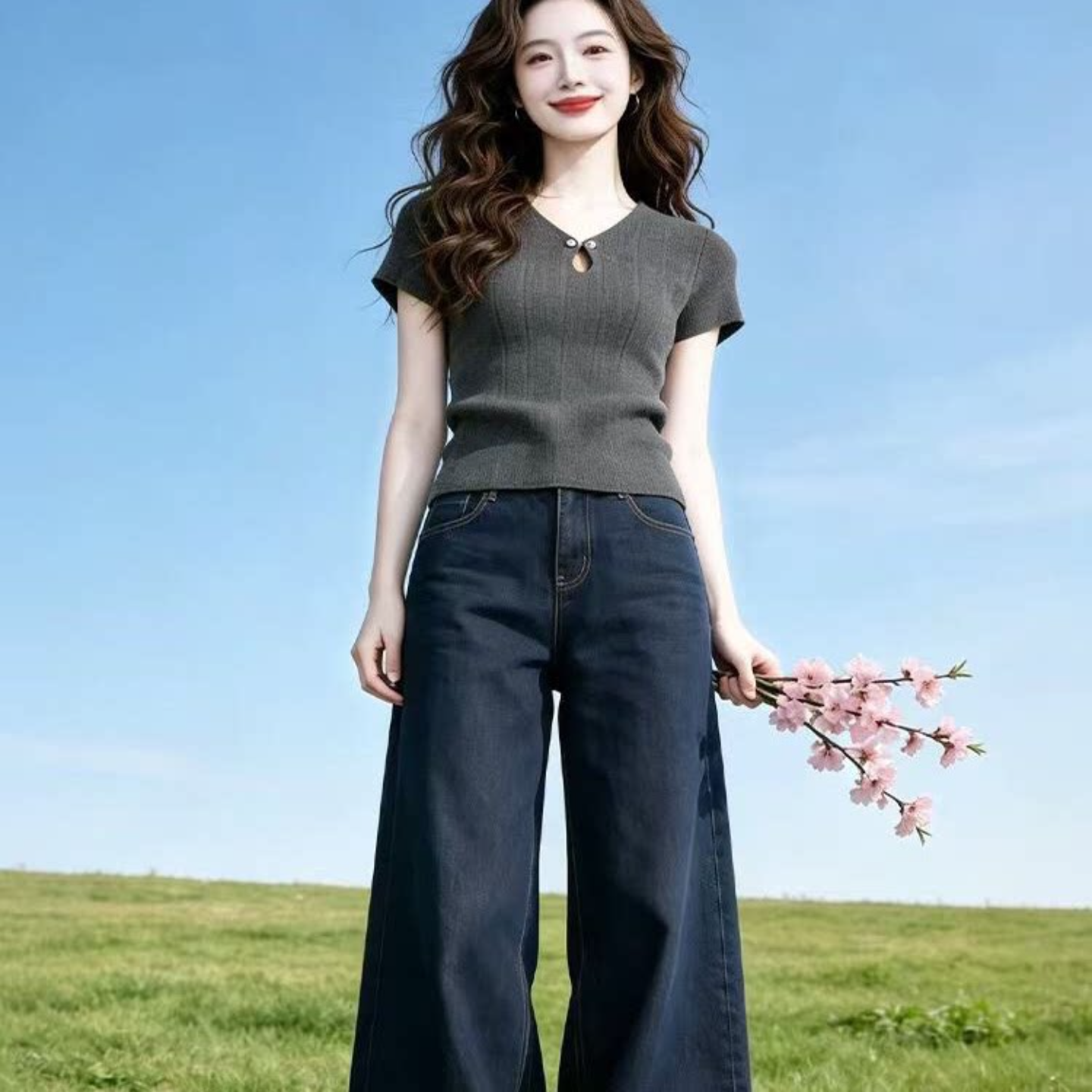 高級感灰色V領短袖針織衫女夏季氣質顯瘦套頭上衣聚酯纖維2026年