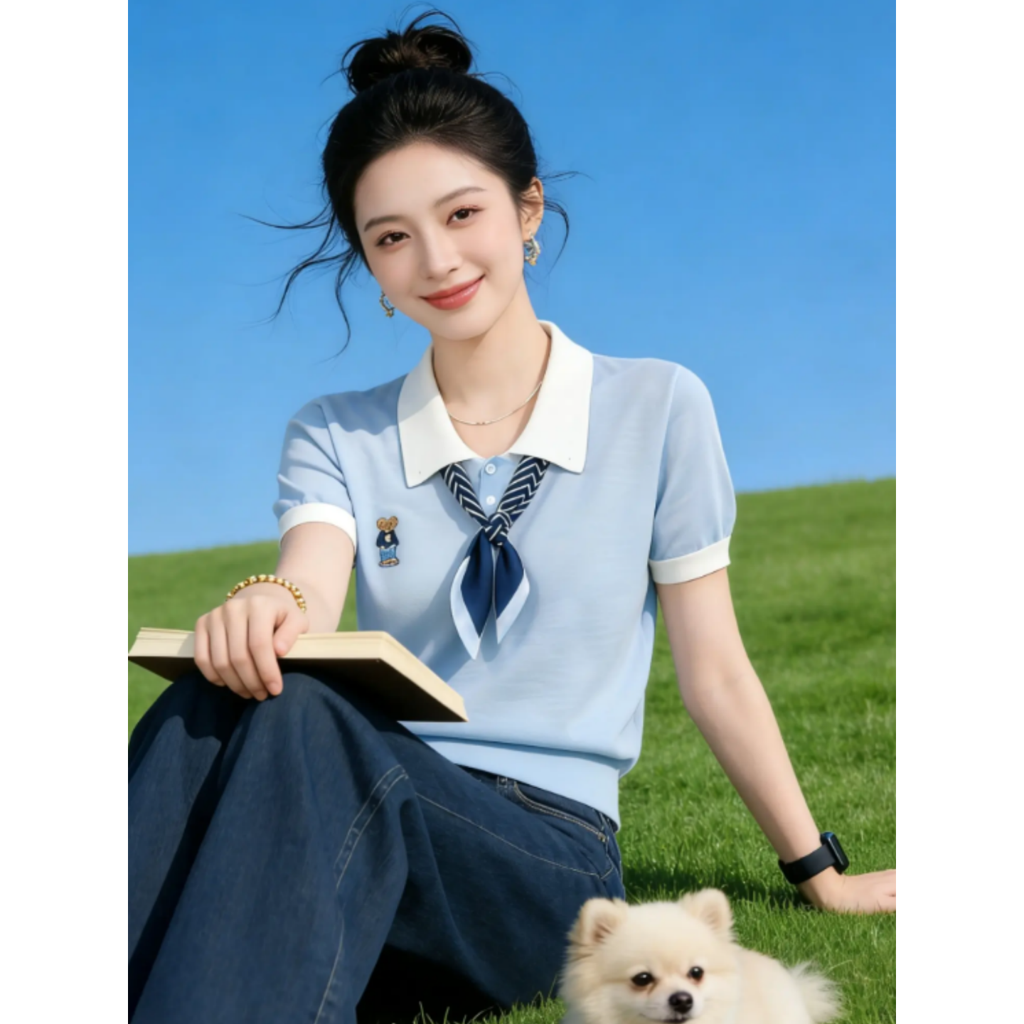 高級感polo領撞色短袖針織T恤女夏季設計感藍色絲巾氣質顯瘦上衣
