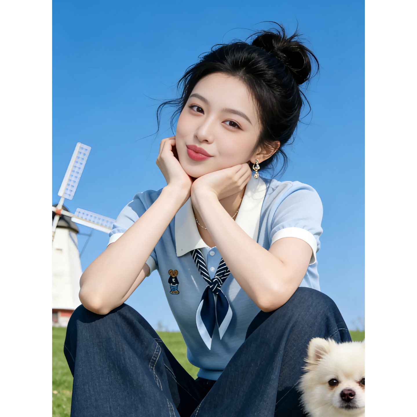 高級感polo領撞色短袖針織T恤女夏季設計感藍色絲巾氣質顯瘦上衣