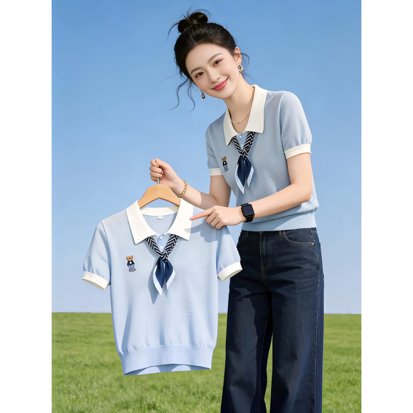 高級感polo領撞色短袖針織T恤女夏季設計感藍色絲巾氣質顯瘦上衣