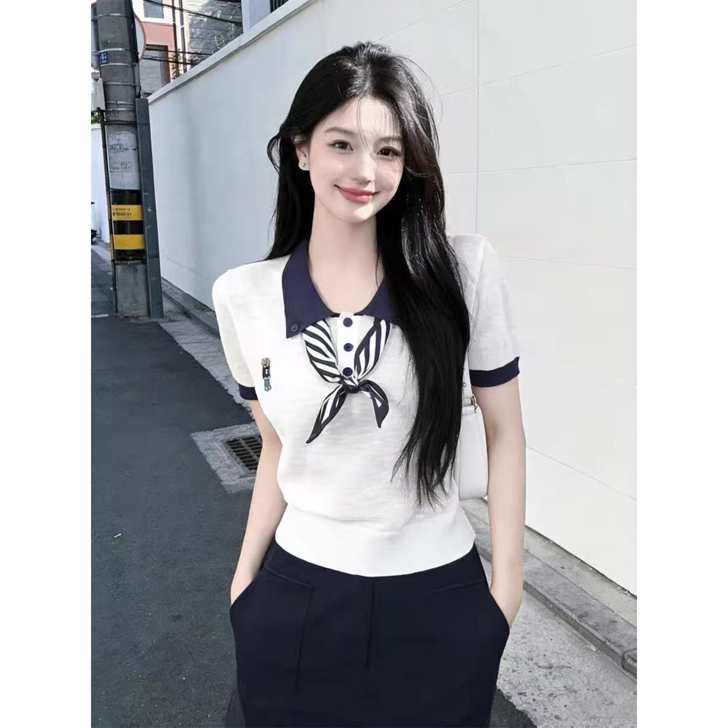 高級感polo領撞色短袖針織T恤女夏季設計感藍色絲巾氣質顯瘦上衣