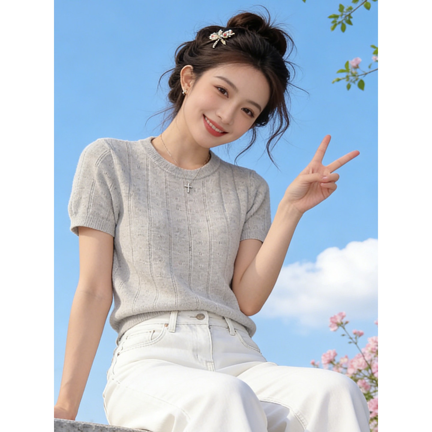 透氣休閑短袖女夏季圓領通勤2026年新款百搭針織款高級感氣質上衣