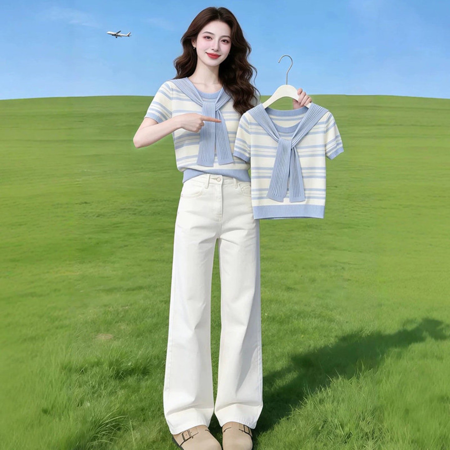 顯瘦條紋針織T恤女夏季2026新款假兩件蝴蝶結短袖薄款高級感上衣