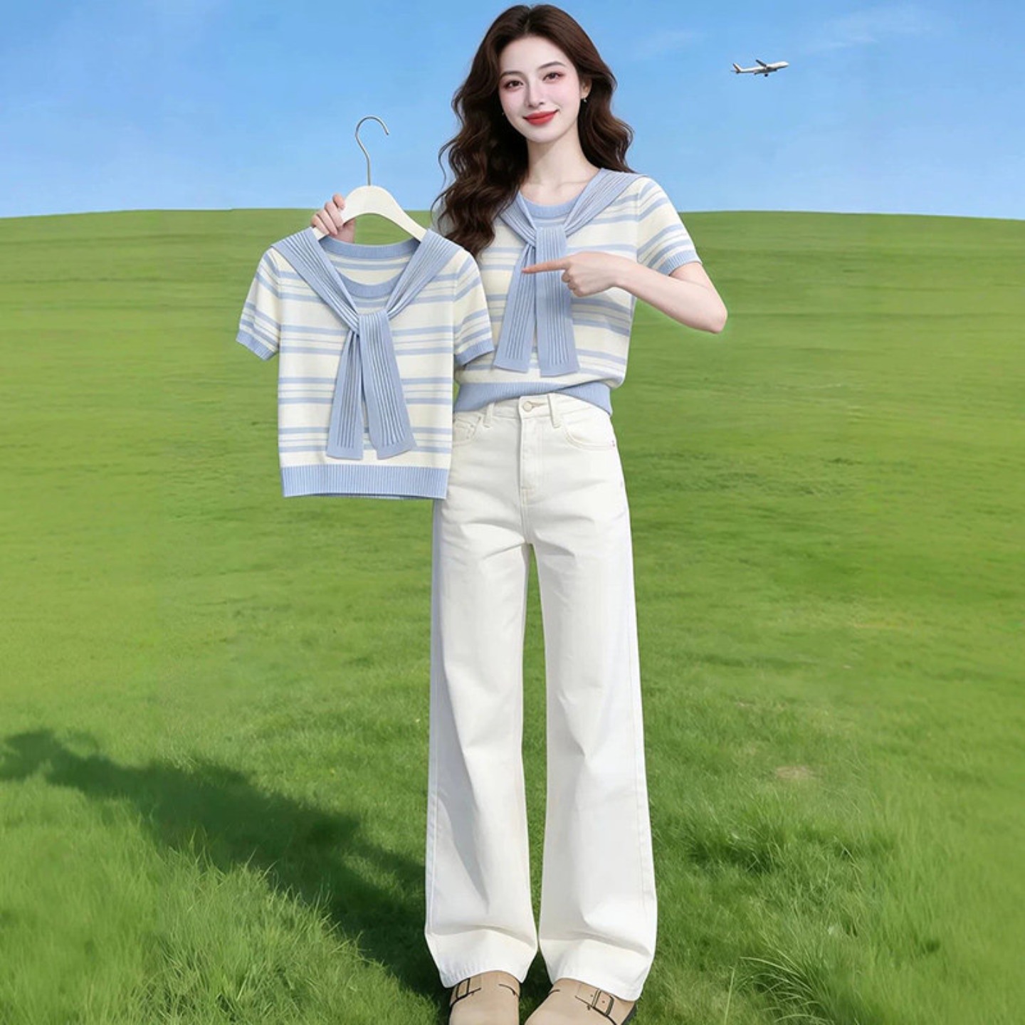 顯瘦條紋針織T恤女夏季2026新款假兩件蝴蝶結短袖薄款高級感上衣